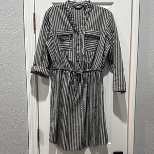 Mlle Gabrielle Navy and Cream Striped Long Sleeve Dress